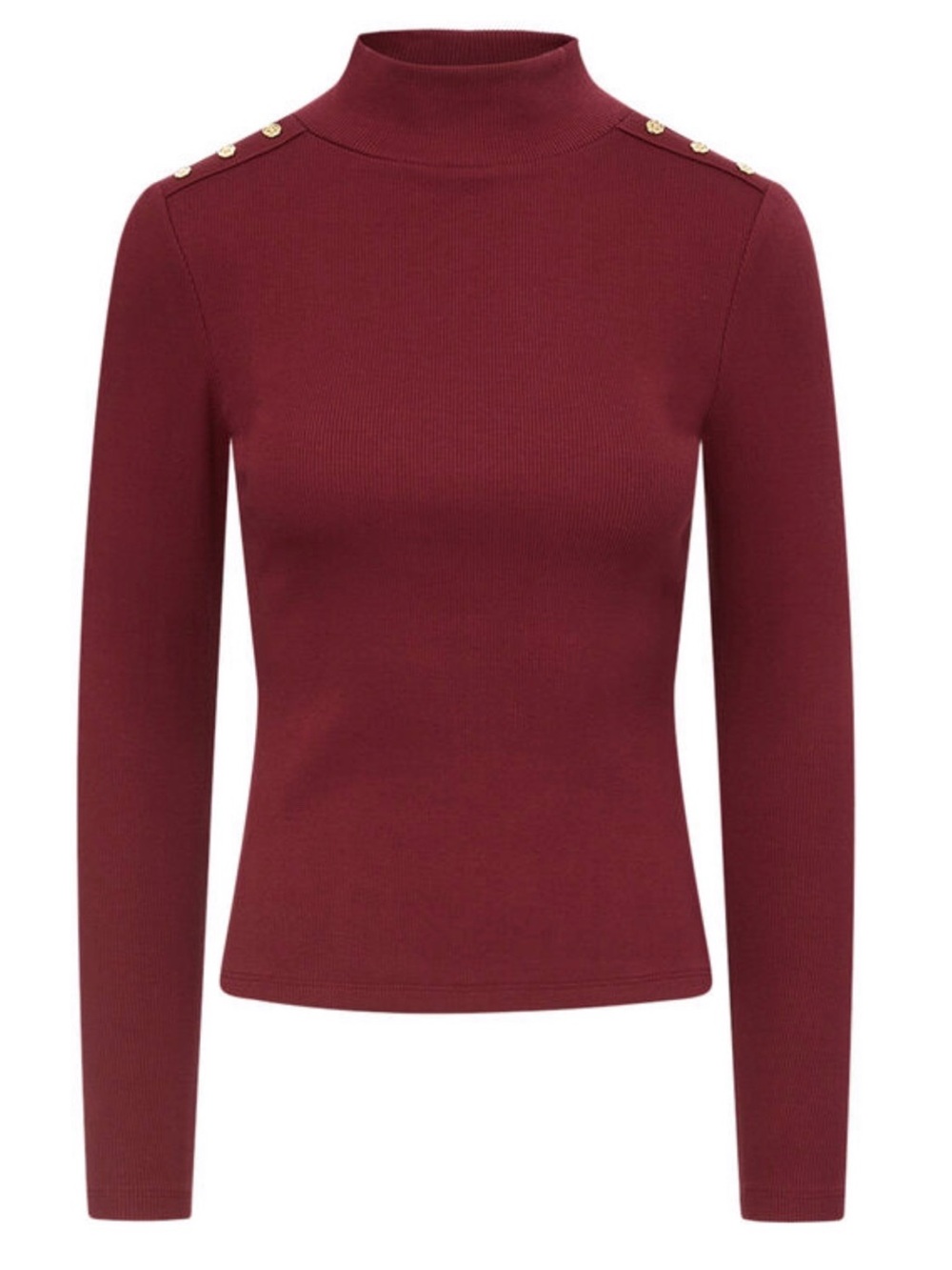 Veronica Beard Burgundy Mock Neck Long Sleeve Top with Shoulder Buttons